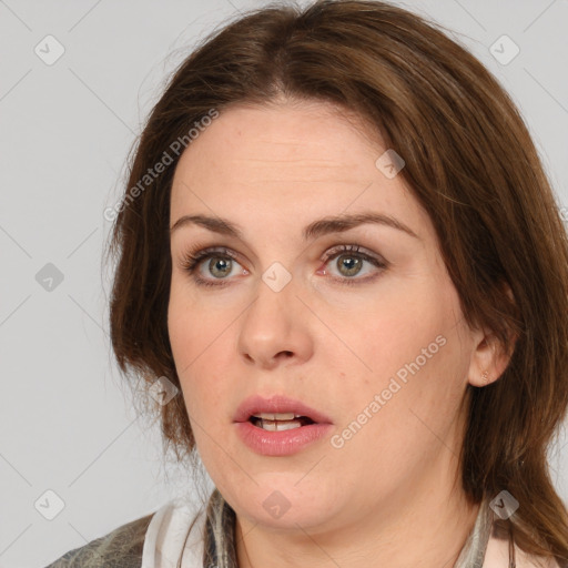 Neutral white young-adult female with medium  brown hair and grey eyes