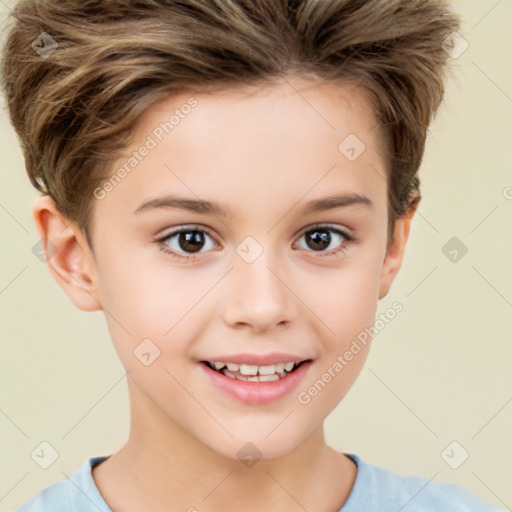 Joyful white child female with short  brown hair and brown eyes