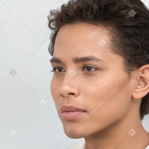 Neutral white young-adult female with short  brown hair and brown eyes