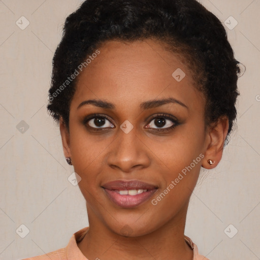 Joyful latino young-adult female with short  black hair and brown eyes