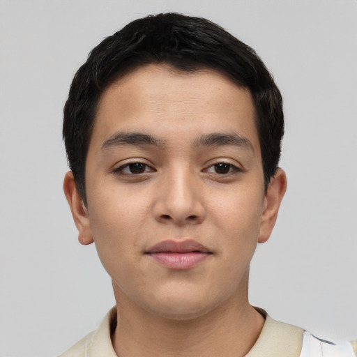 Neutral asian young-adult male with short  black hair and brown eyes