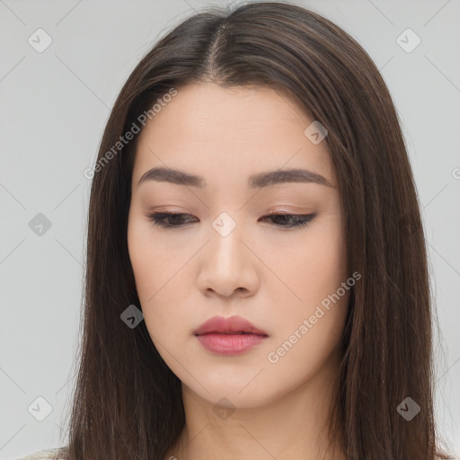 Neutral white young-adult female with long  brown hair and brown eyes