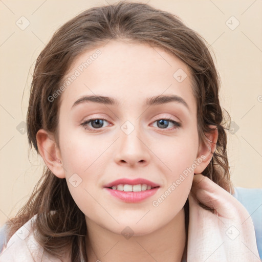 Joyful white young-adult female with medium  brown hair and blue eyes