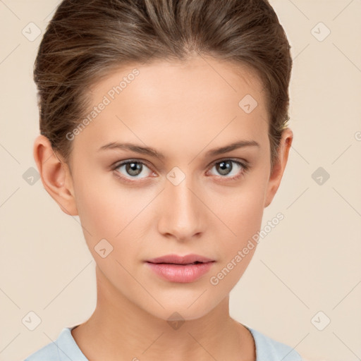 Neutral white young-adult female with short  brown hair and brown eyes