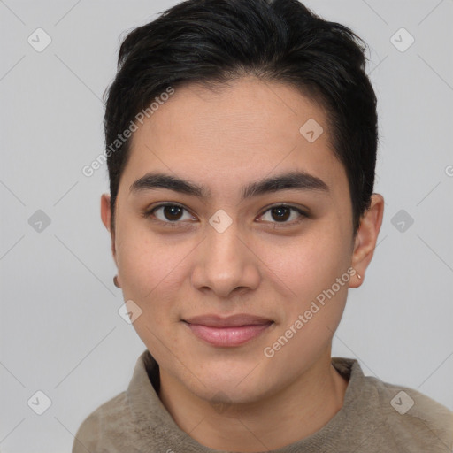 Joyful asian young-adult female with short  brown hair and brown eyes