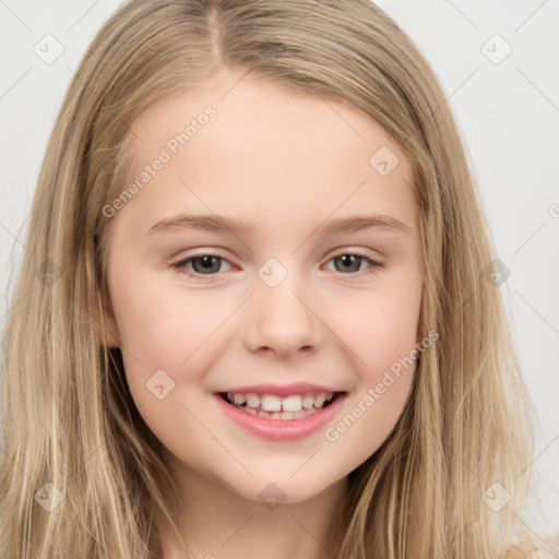 Joyful white child female with long  brown hair and brown eyes