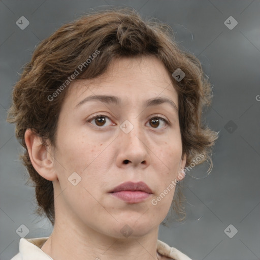 Neutral white adult female with medium  brown hair and brown eyes