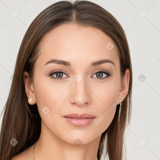 Neutral white young-adult female with long  brown hair and brown eyes