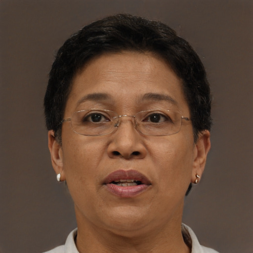 Joyful asian adult female with short  brown hair and brown eyes