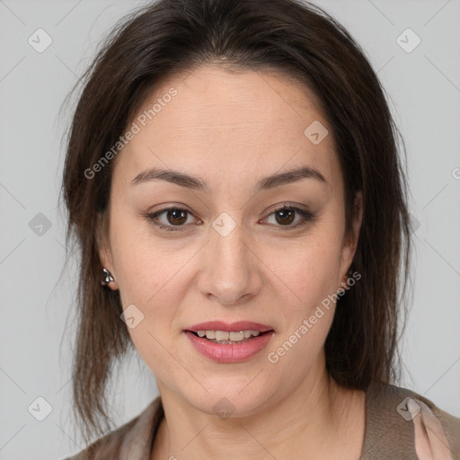 Joyful white young-adult female with medium  brown hair and brown eyes