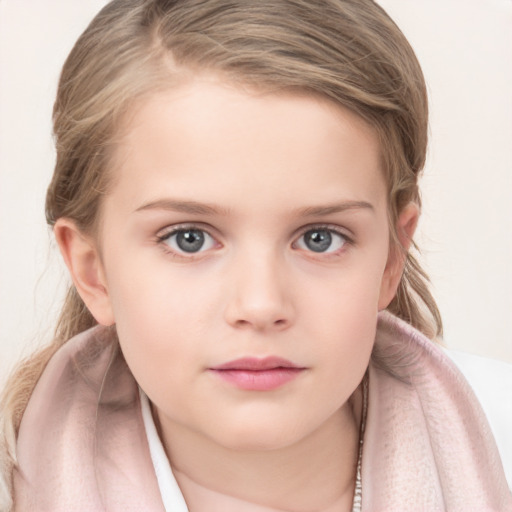 Neutral white child female with medium  brown hair and blue eyes