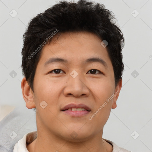 Neutral asian young-adult male with short  brown hair and brown eyes