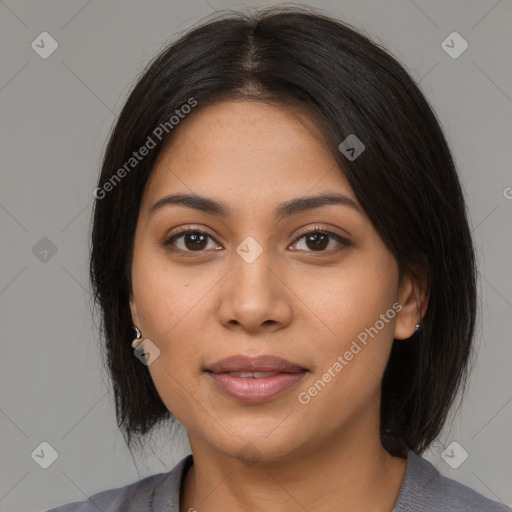 Joyful latino young-adult female with medium  black hair and brown eyes