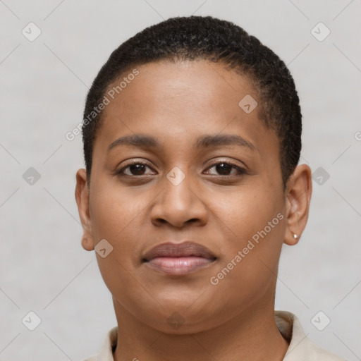 Neutral black young-adult female with short  brown hair and brown eyes