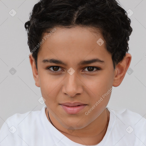 Joyful white child female with short  brown hair and brown eyes