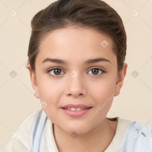 Joyful white child female with short  brown hair and brown eyes