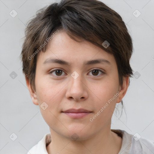 Neutral white young-adult female with short  brown hair and brown eyes