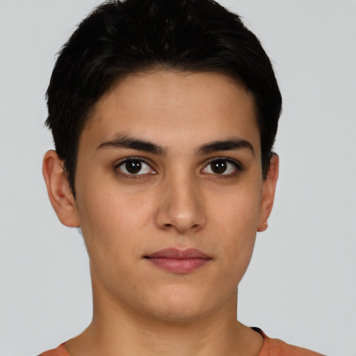 Neutral latino young-adult female with short  brown hair and brown eyes