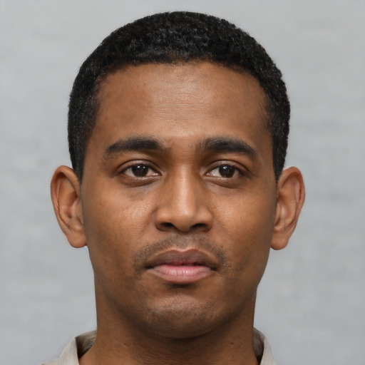 Neutral black young-adult male with short  black hair and brown eyes