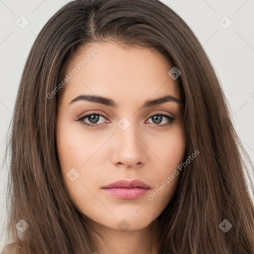 Neutral white young-adult female with long  brown hair and brown eyes