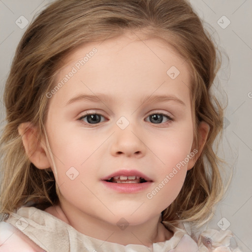 Joyful white child female with medium  brown hair and brown eyes