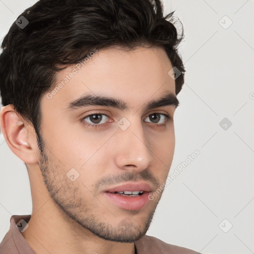 Neutral white young-adult male with short  brown hair and brown eyes