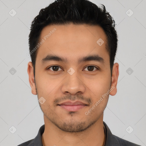 Neutral latino young-adult male with short  black hair and brown eyes