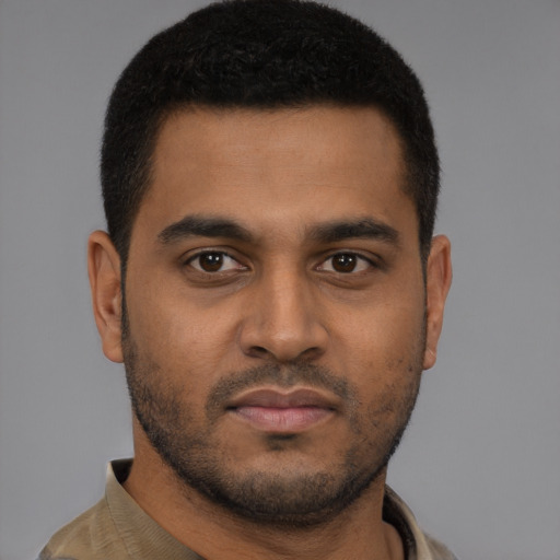Neutral black young-adult male with short  brown hair and brown eyes