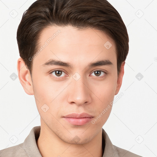 Neutral white young-adult male with short  brown hair and brown eyes