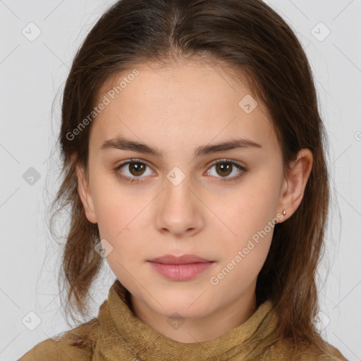 Neutral white young-adult female with medium  brown hair and brown eyes