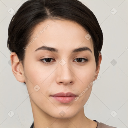 Neutral white young-adult female with short  brown hair and brown eyes