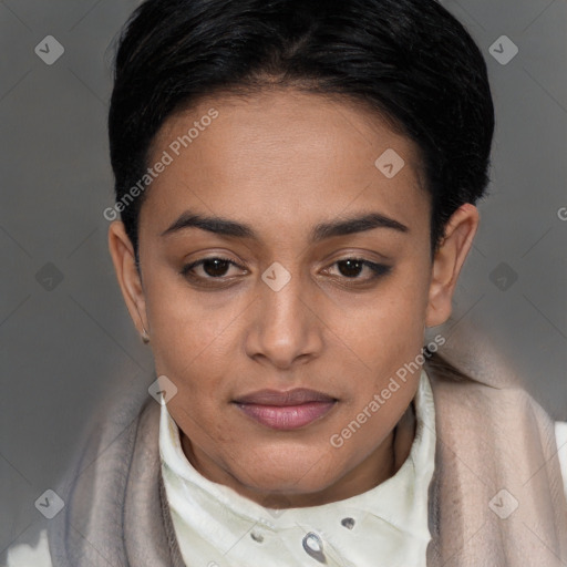 Joyful latino young-adult female with short  black hair and brown eyes