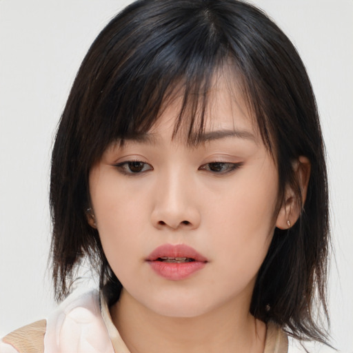 Neutral asian young-adult female with medium  brown hair and brown eyes