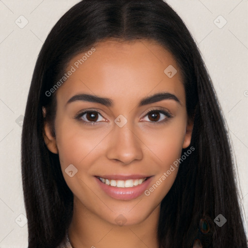 Joyful latino young-adult female with long  brown hair and brown eyes