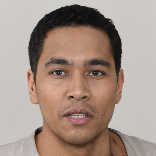 Neutral asian young-adult male with short  black hair and brown eyes