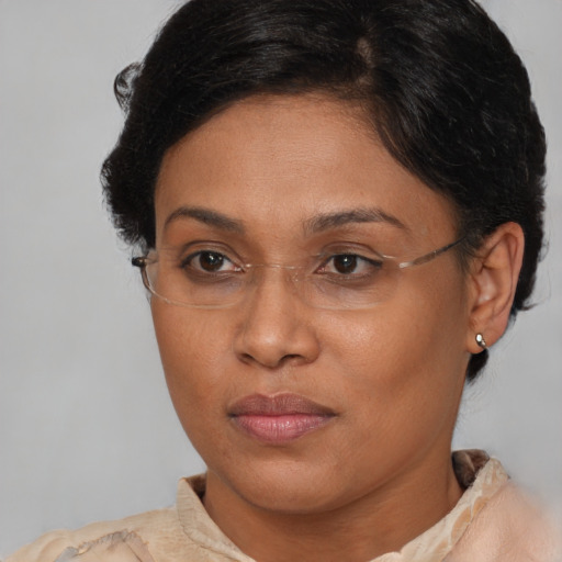 Joyful black adult female with short  brown hair and brown eyes