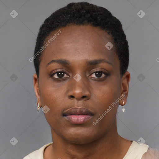 Neutral black young-adult female with short  brown hair and brown eyes