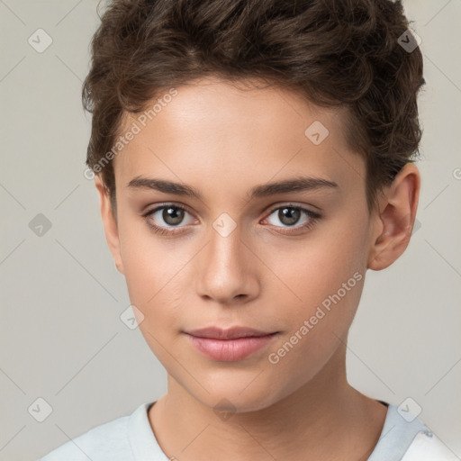 Joyful white child female with short  brown hair and brown eyes