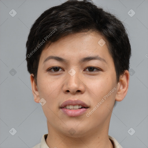 Joyful asian young-adult female with short  brown hair and brown eyes