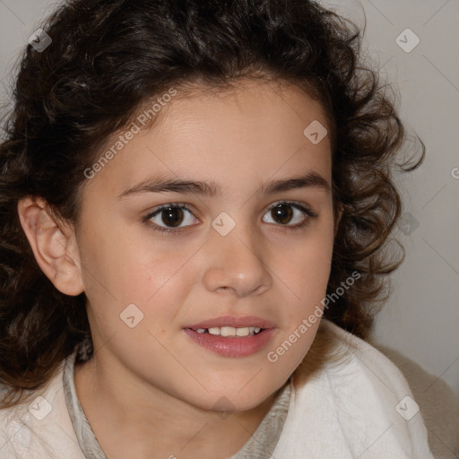 Joyful white child female with medium  brown hair and brown eyes