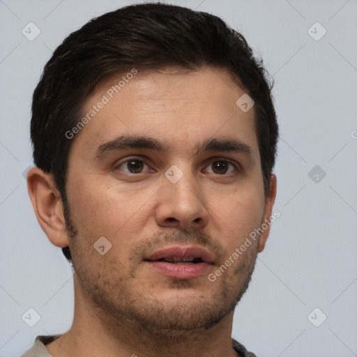 Neutral white young-adult male with short  brown hair and brown eyes