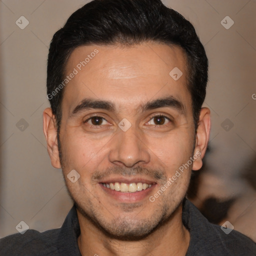 Joyful white adult male with short  black hair and brown eyes