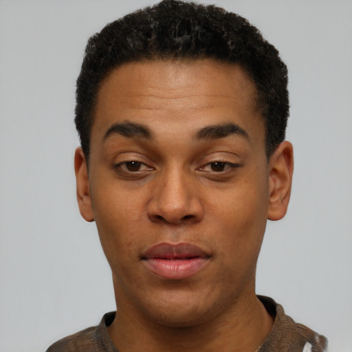 Joyful black young-adult male with short  brown hair and brown eyes