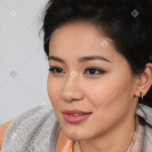 Joyful latino young-adult female with short  brown hair and brown eyes