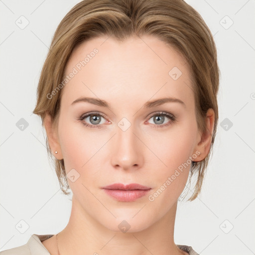 Neutral white young-adult female with medium  brown hair and grey eyes