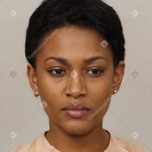 Neutral black young-adult female with short  black hair and brown eyes