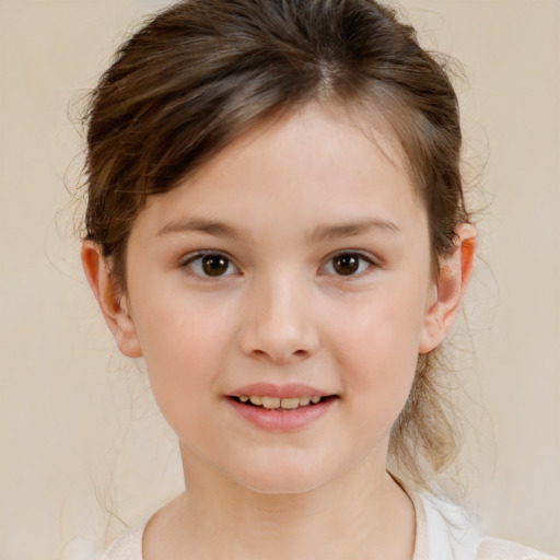 Joyful white child female with medium  brown hair and brown eyes