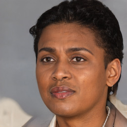 Neutral black young-adult female with short  black hair and brown eyes