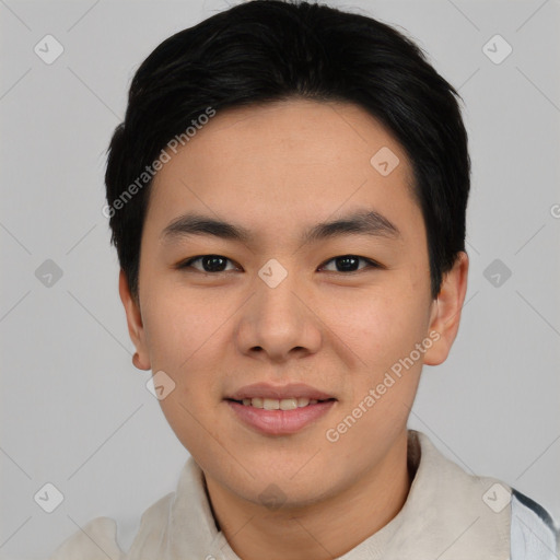 Joyful asian young-adult male with short  black hair and brown eyes