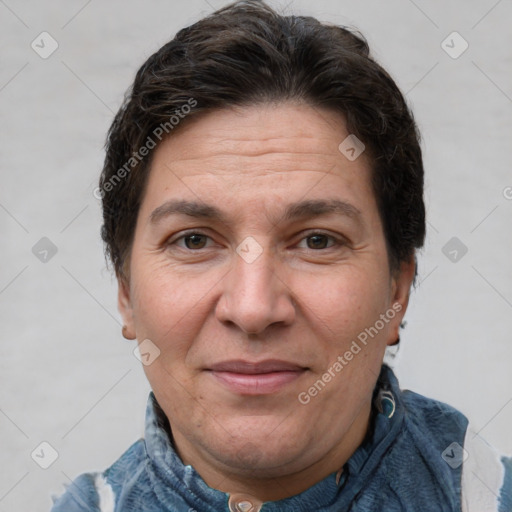 Joyful white adult female with short  brown hair and brown eyes